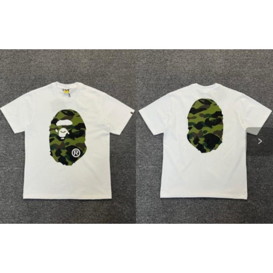 White BAPE T-Shirt with Classic Green Camo Ape Head (Front & Back)
